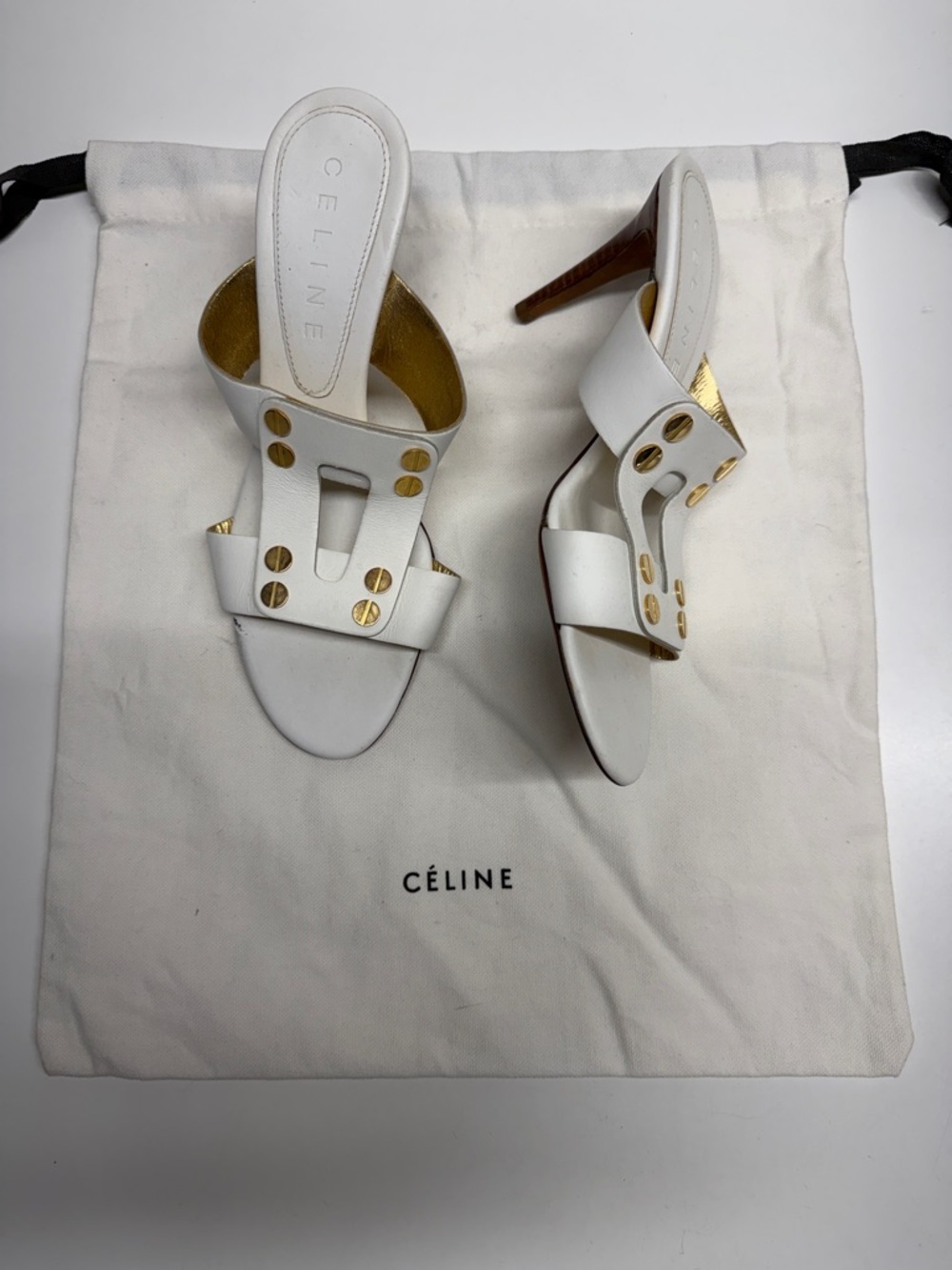 Celine Triomphe Heels High Heel Shoes Open Toe Leather White Gold Studs Size 37 - Picture 1 of 14